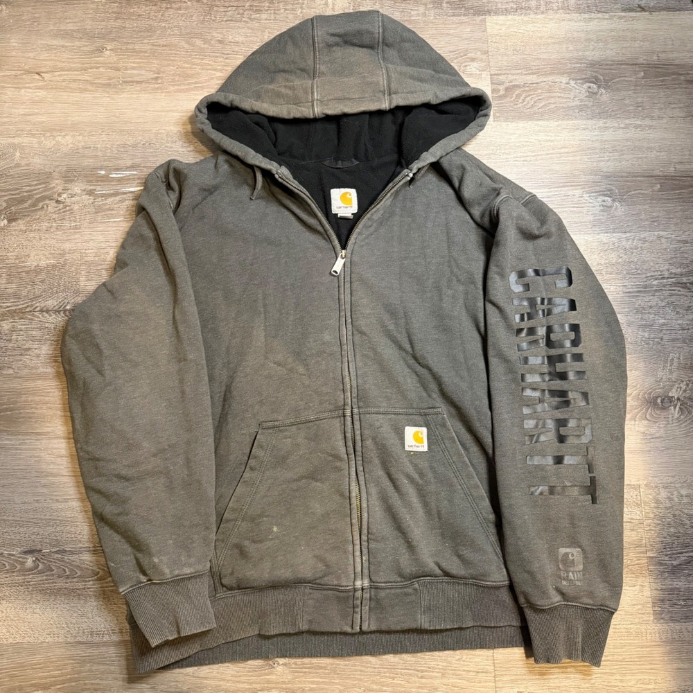 Carhartt Rain Defender Full Zip Hoodie Mens XL Gray Graphic Sleeve Sweatshirt